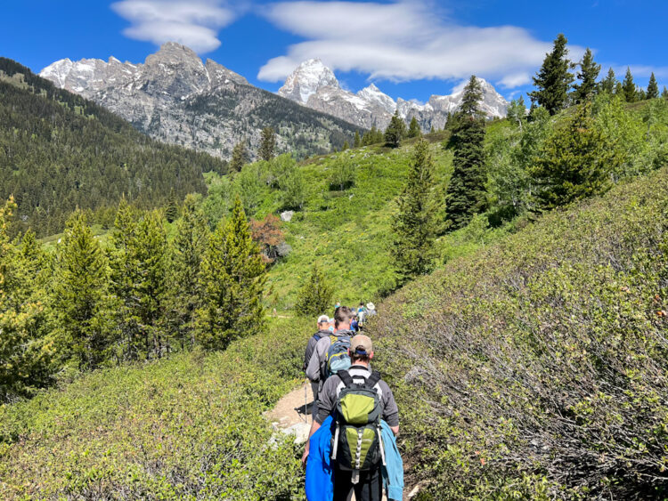 people hiking down a trail with mountains in the distance